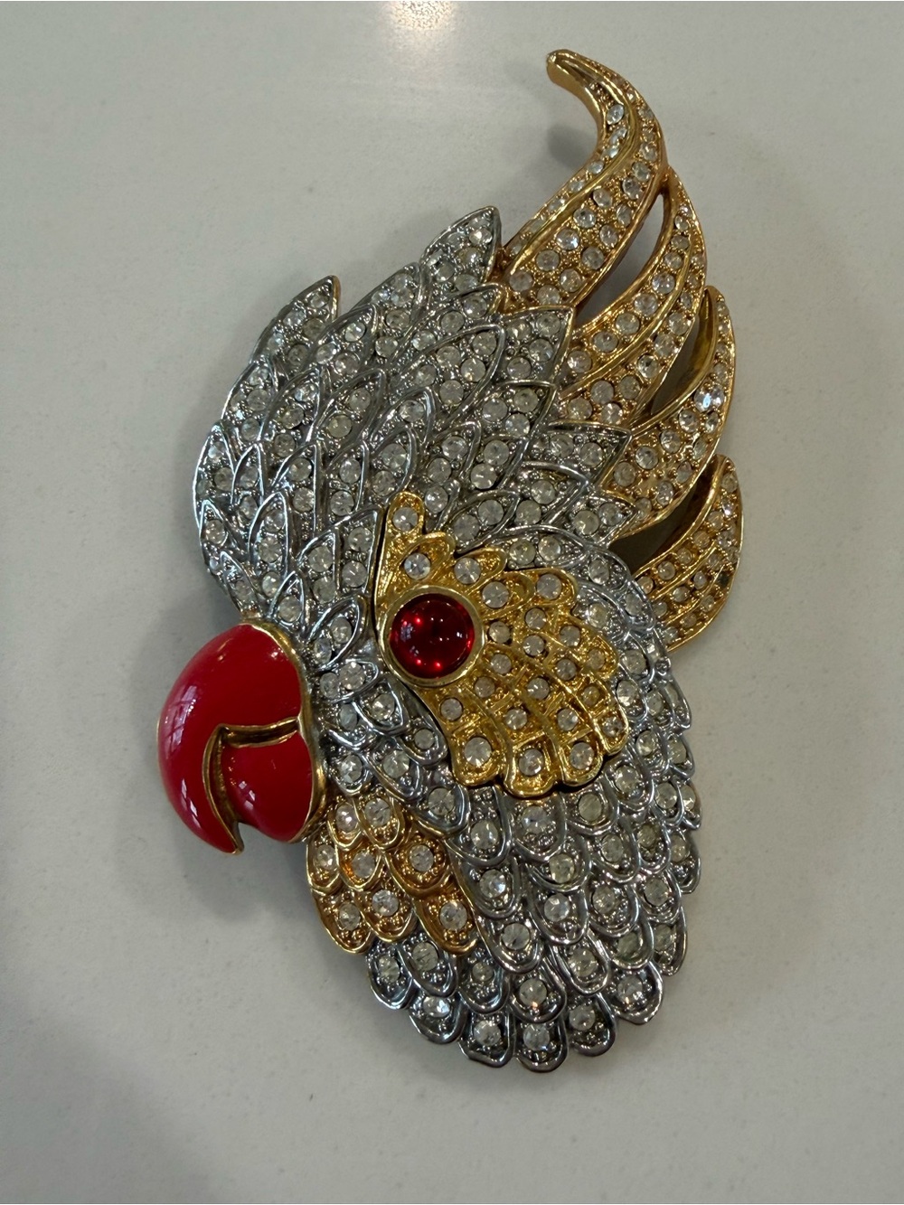 RARE Vintage 90s Huge Parrot Cockatoo Brooch, Red Crystal Eye, Enamel Beak